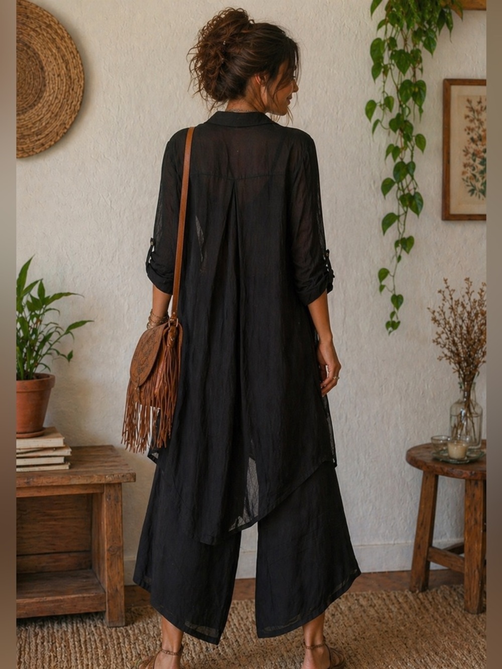 Boho Sheer Black Duster Top • Lightweight Kimono Top Cardigan Size OS NWT - Picture 5 of 8